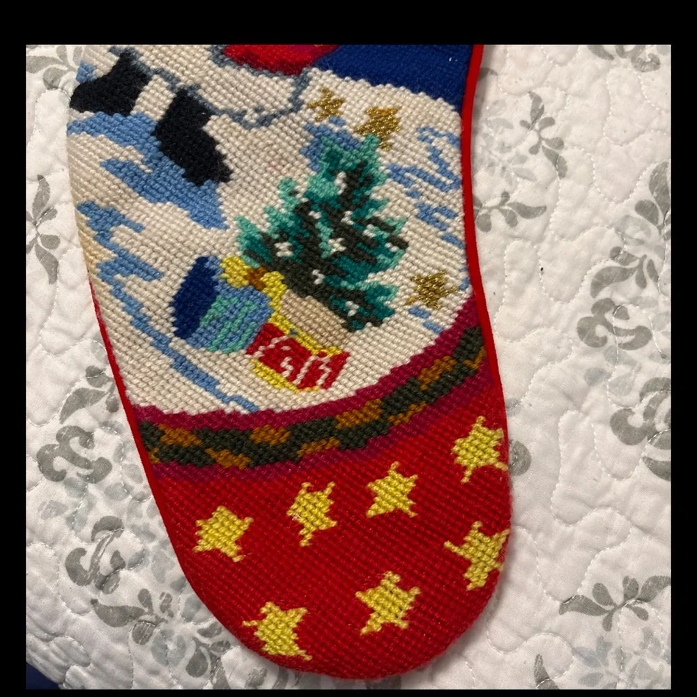 Vintage Needlepoint Wool Santa Claus Christmas Stocking Velvet Backing